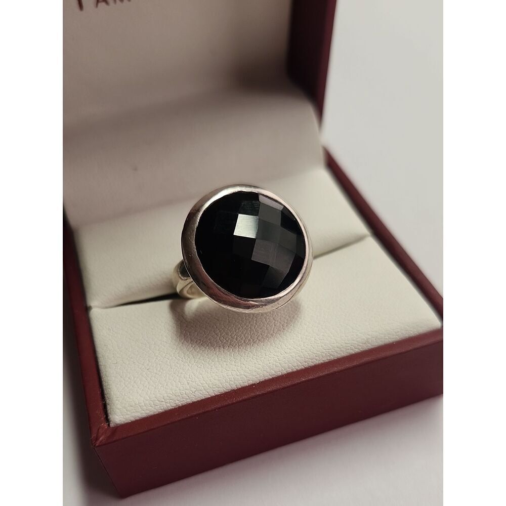 Sterling Silver Black Obsidian Quartz Round Statement Ring Size 6.25